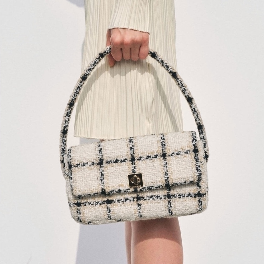 ANINE BING Black & White Textured Wool Tweed Plaid Flap Nico Shoulder Bag - Picture 3 of 17